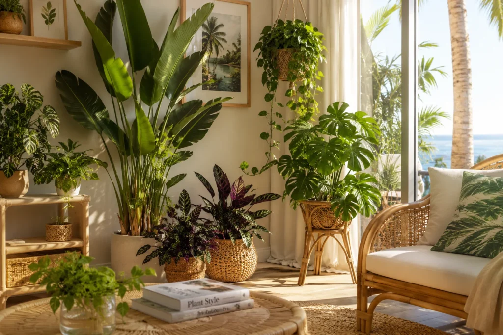 Tropical plant corner summer living room ideas 2026 – lush indoor jungle corner