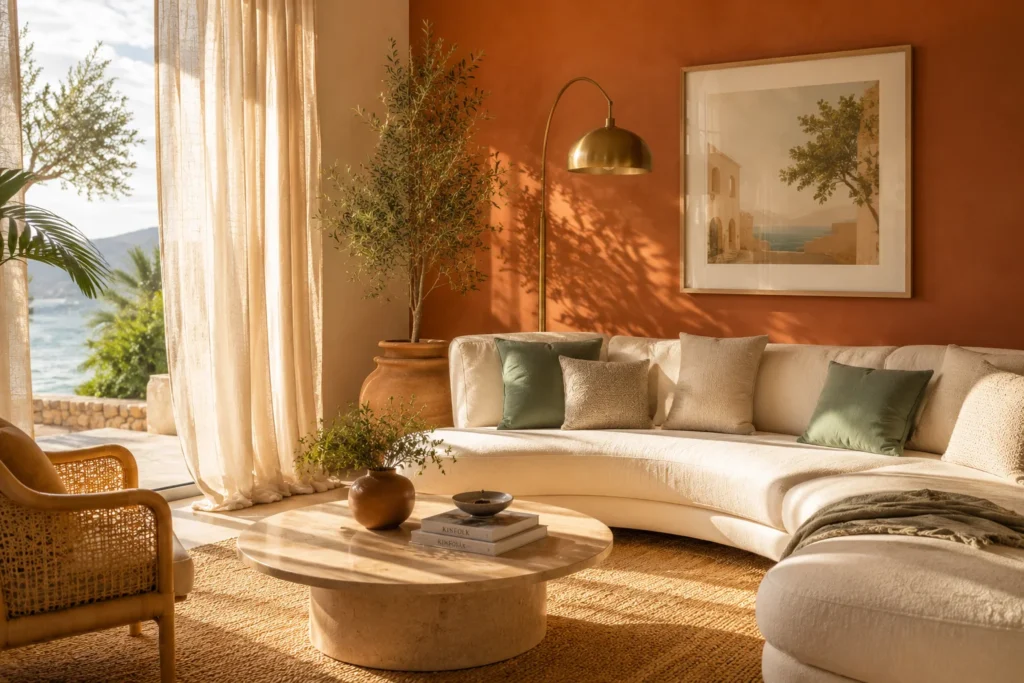 Modern living room summer 2026 color palette – terracotta sage green and warm sand tones