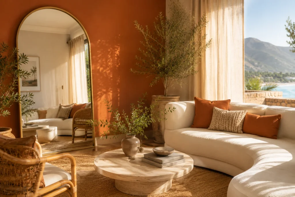 Arched mirror summer living room 2026 – large statement mirror reflecting natural light