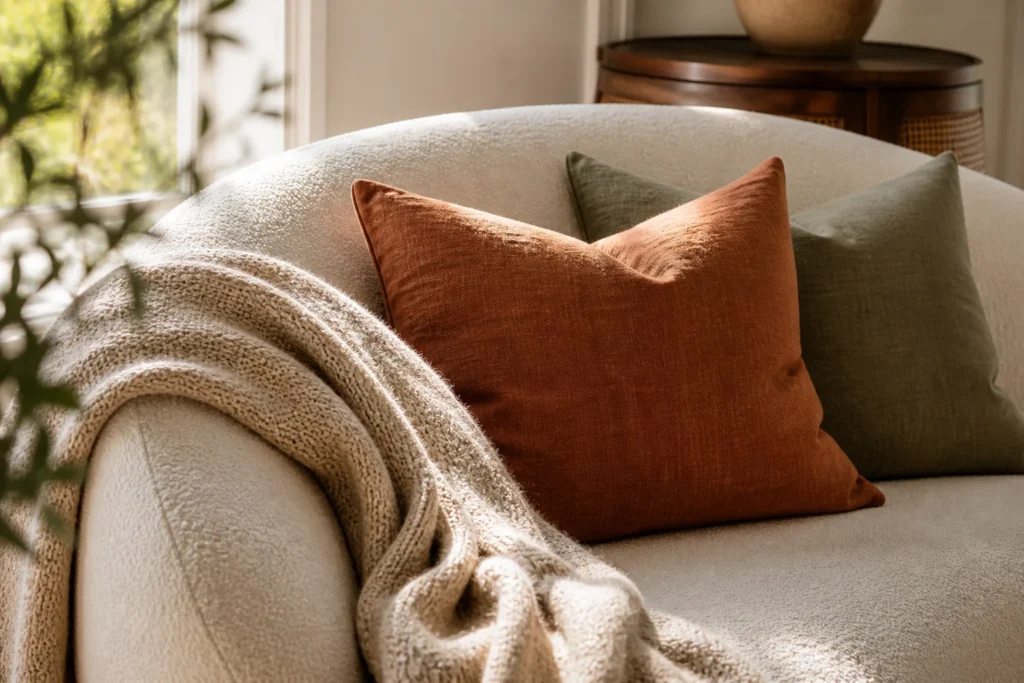 Summer living room textiles 2026 – linen cotton and bouclé cushions and throws