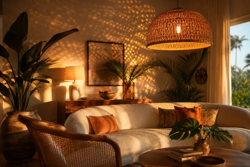 Summer living room pendant lighting 2026 – woven rattan pendant statement light