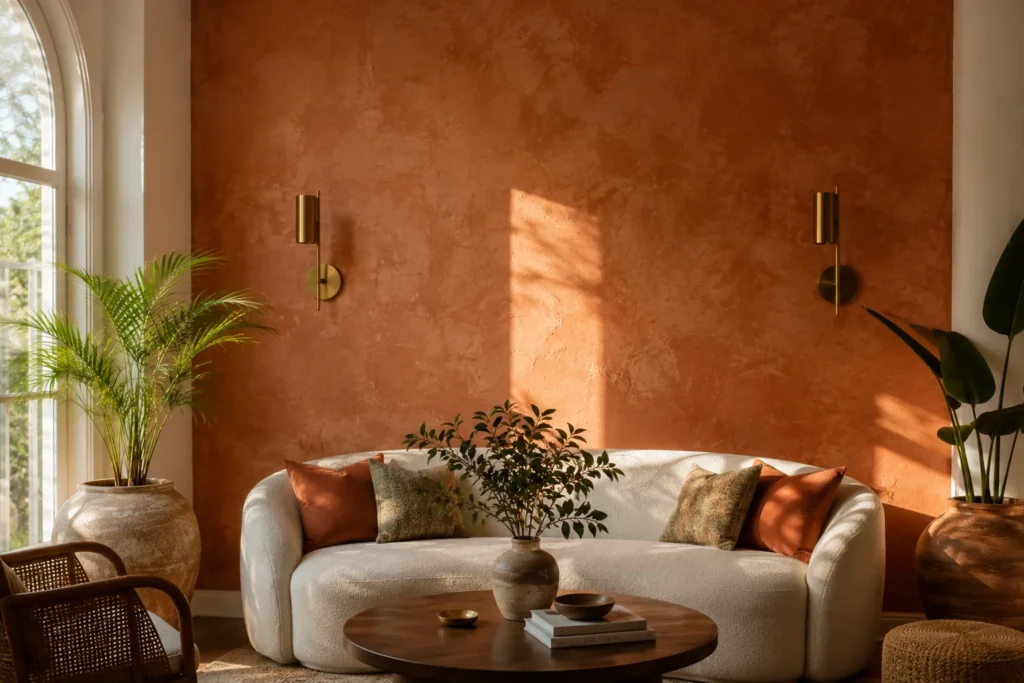 Limewash accent wall summer living room 2026 – Roman clay terracotta textured wall