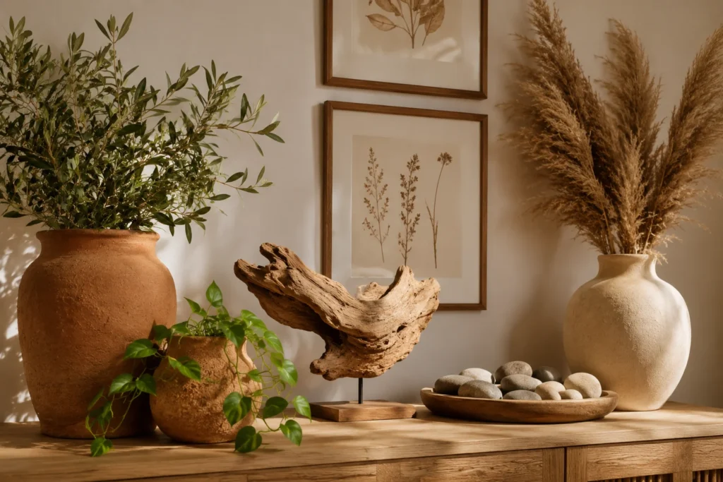 Outdoor-inspired living room decor summer 2026 – terracotta pots driftwood and natural elements