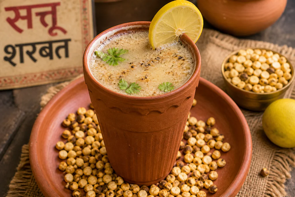 Sattu sharbat refreshing drink — roasted gram flour summer cooling beverage in clay cup