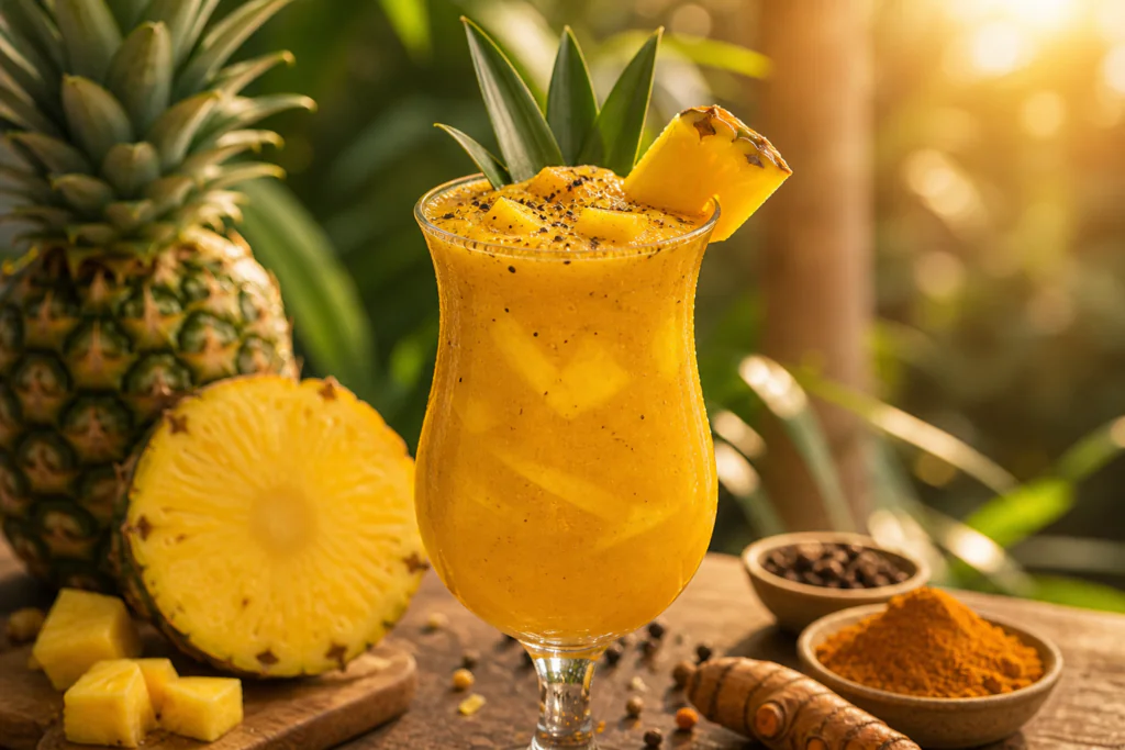 Pineapple turmeric cooler refreshing drink — anti-inflammatory summer beverage with tropical fruit 2026