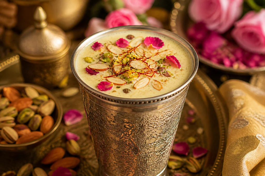Thandai refreshing summer drink — traditional milk-based cooling elixir with saffron and rose in silver glass
