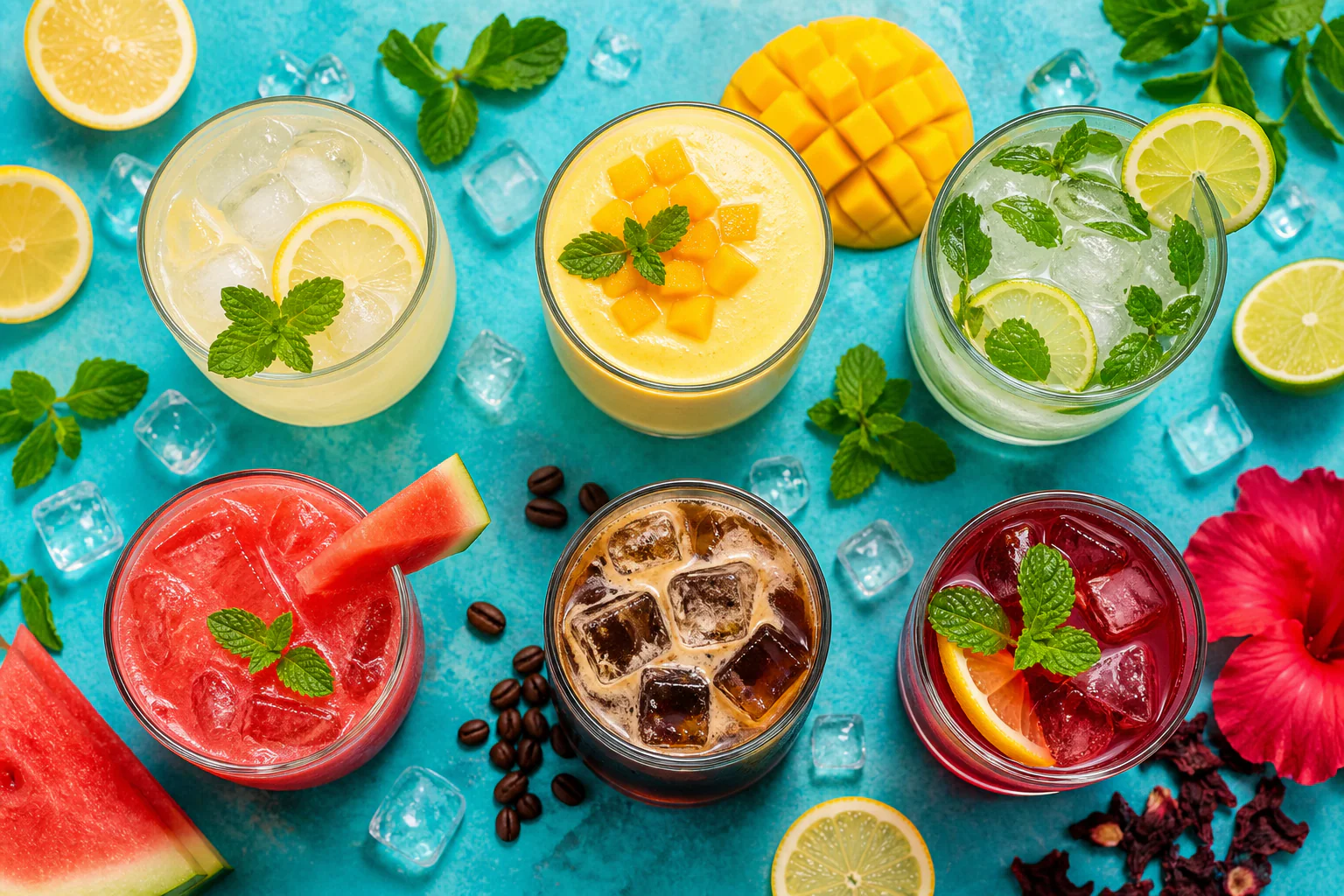 Best refreshing drinks for summer 2026 — colorful cold drinks flat lay including iced lemonade, mango lassi, watermelon juice, and hibiscus tea