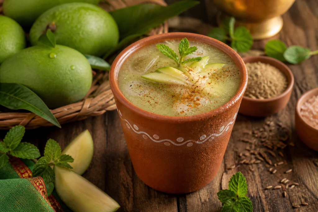 Aam Panna raw mango refreshing drink in clay cup — traditional Indian summer cooling drink