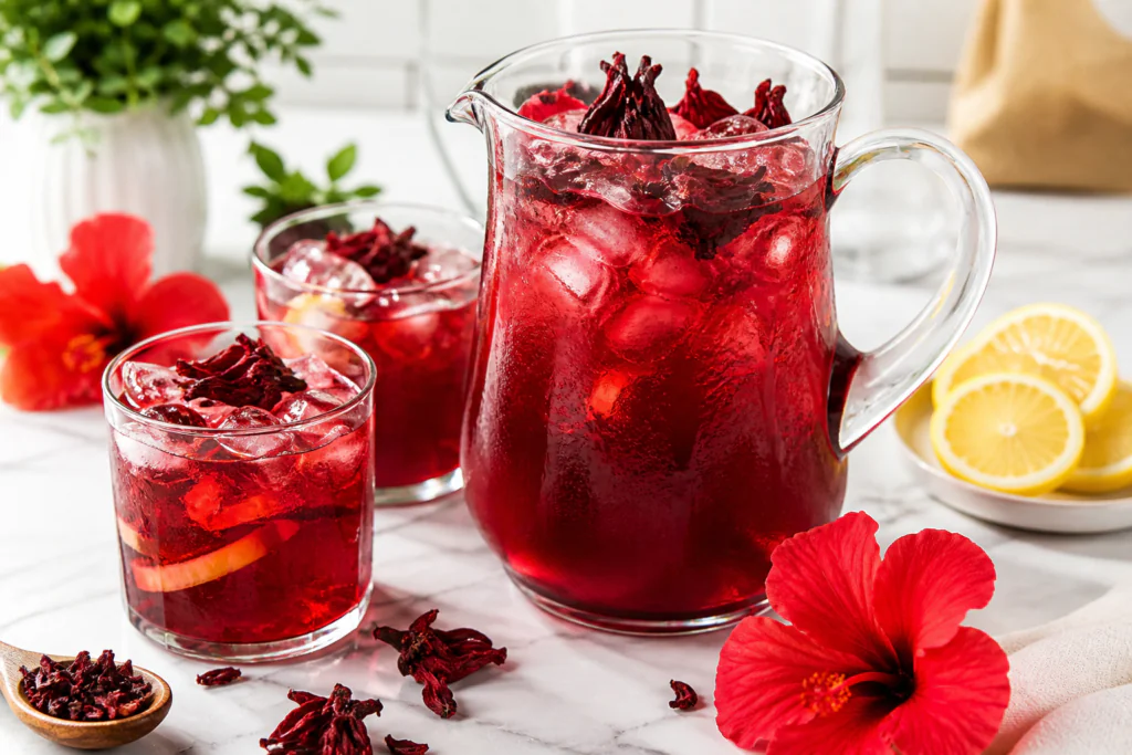 Hibiscus iced tea — deep red refreshing drink for summer with dried flowers and lemon