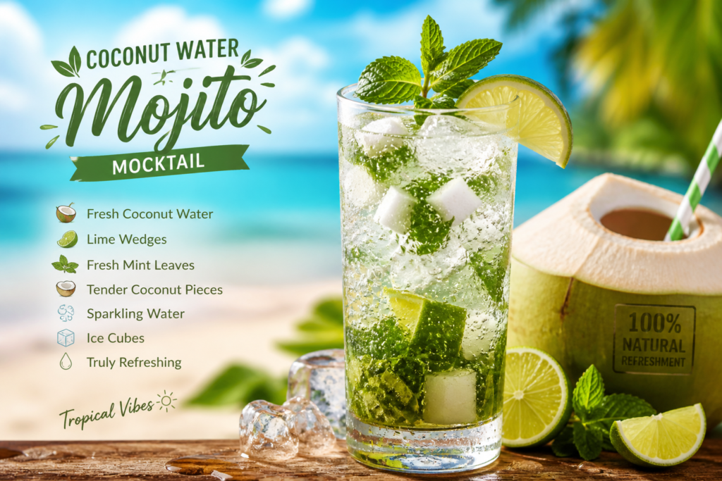 Coconut water mojito mocktail — electrolyte-rich refreshing summer drink with lime and mint
