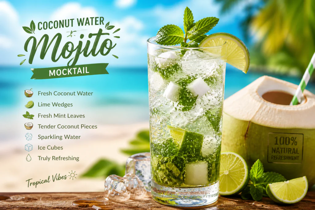 Coconut water mojito mocktail — electrolyte-rich refreshing summer drink with lime and mint