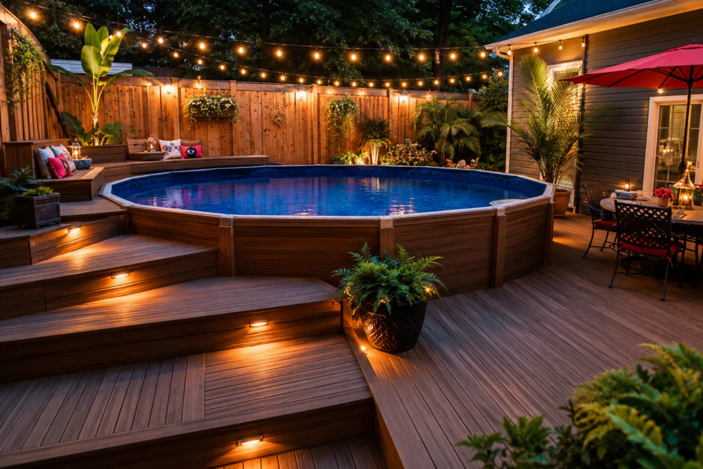 above-ground pool makeover ideas for small backyards with deck surround transformation