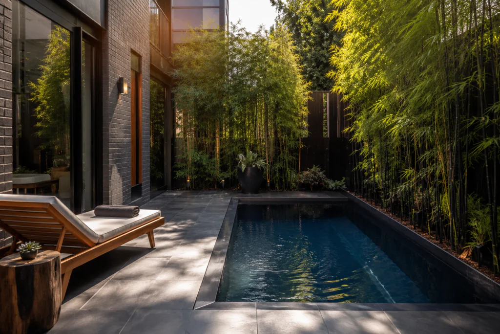 small backyard plunge pool ideas with bamboo privacy screen and slate tiles