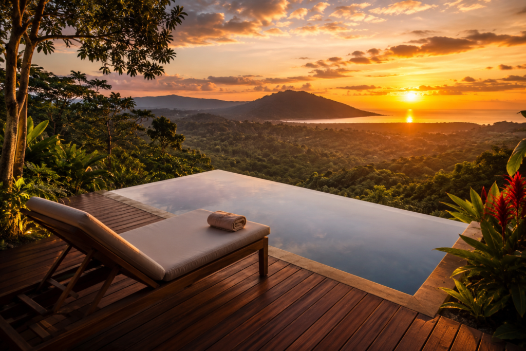 infinity edge small backyard pool ideas overlooking hillside view at sunset