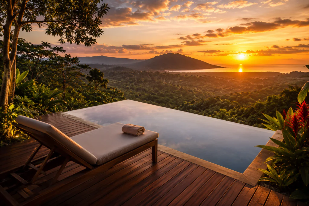 infinity edge small backyard pool ideas overlooking hillside view at sunset
