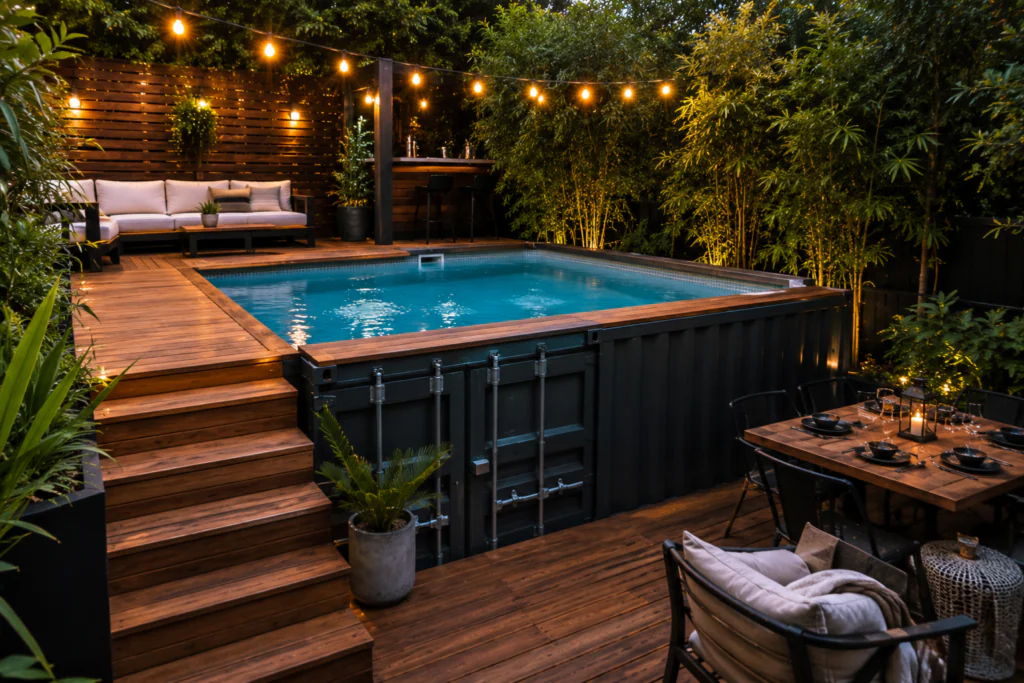 container pool ideas for small backyards — shipping container pool with wood deck