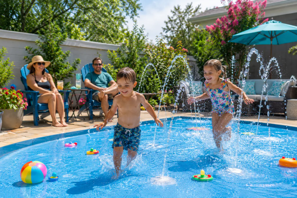 family splash pool ideas for small backyards with water jets for kids