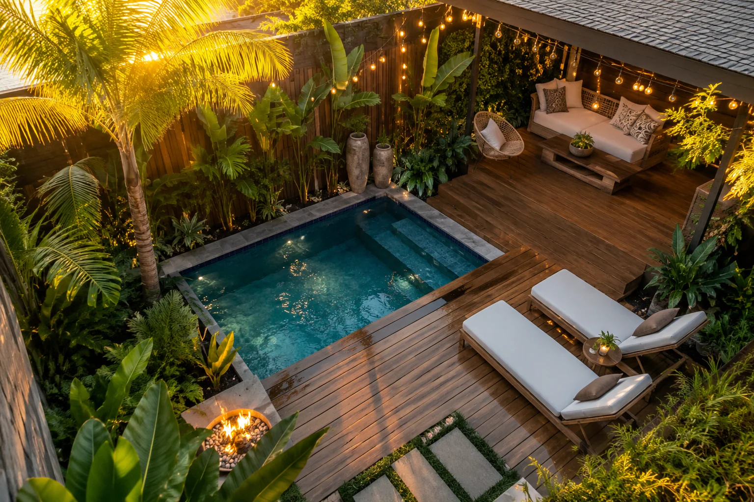 small backyard pool ideas — aerial view of luxurious plunge pool with tropical landscaping