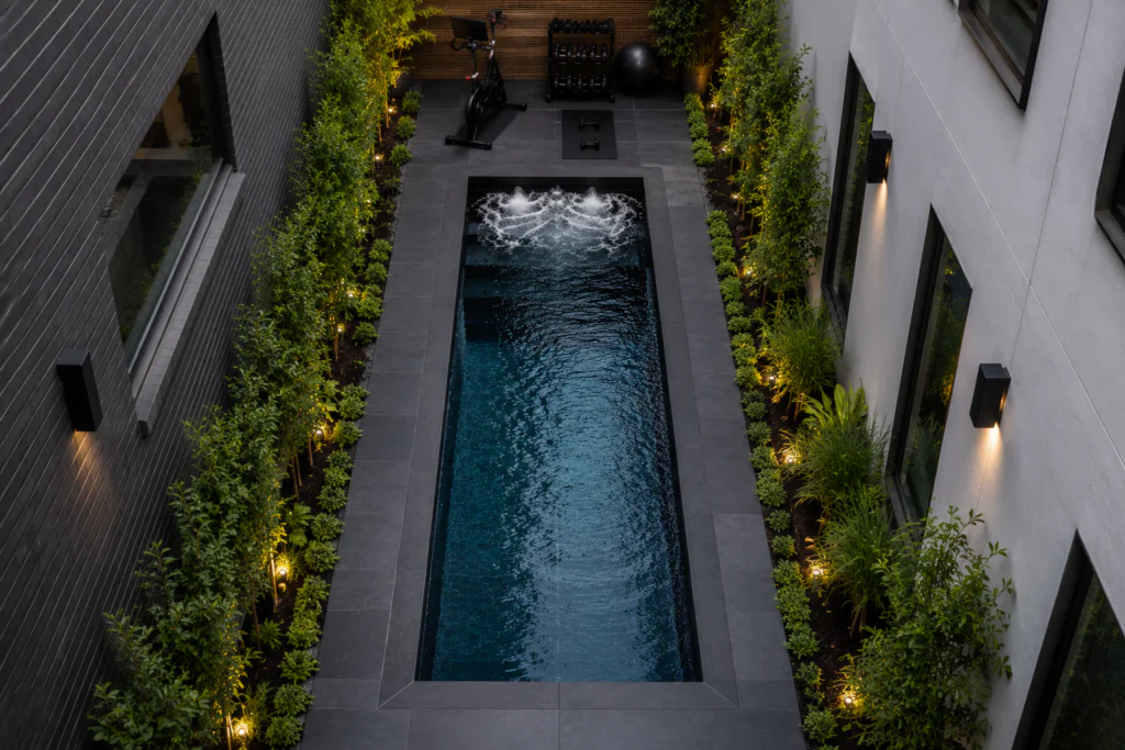 small backyard lap pool ideas for fitness with compact endless pool design"