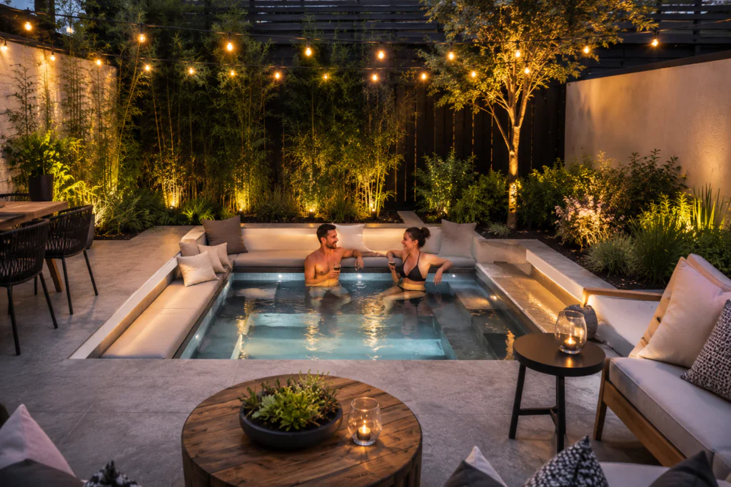 sunken lounge pool ideas for small backyards with built-in bench seating