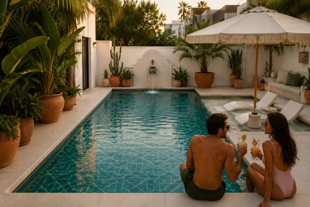 cocktail pool ideas for small backyards with geometric tiles and tanning ledge