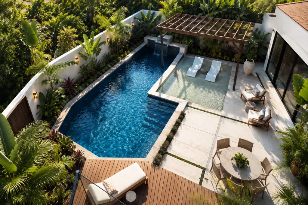L-shaped small backyard pool ideas for corner spaces and awkward yard layouts