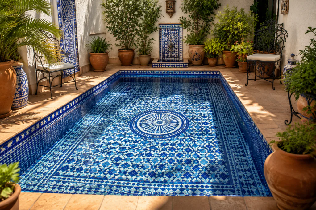 geometric tile small backyard pool ideas with Moroccan zellige tile designs