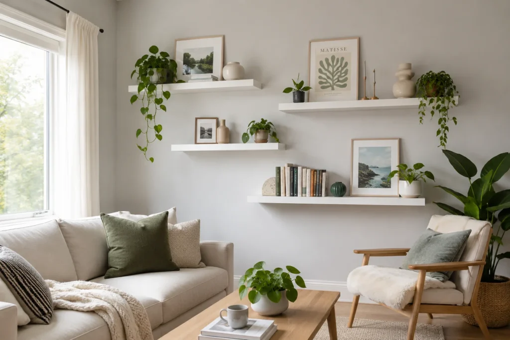 small living room ideas 2026 — floating shelves styled with books and plants on a light grey wall