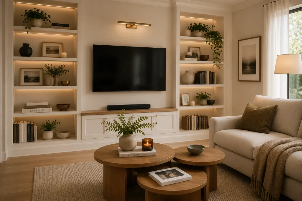built-in storage around TV small living room feature wall idea 2026