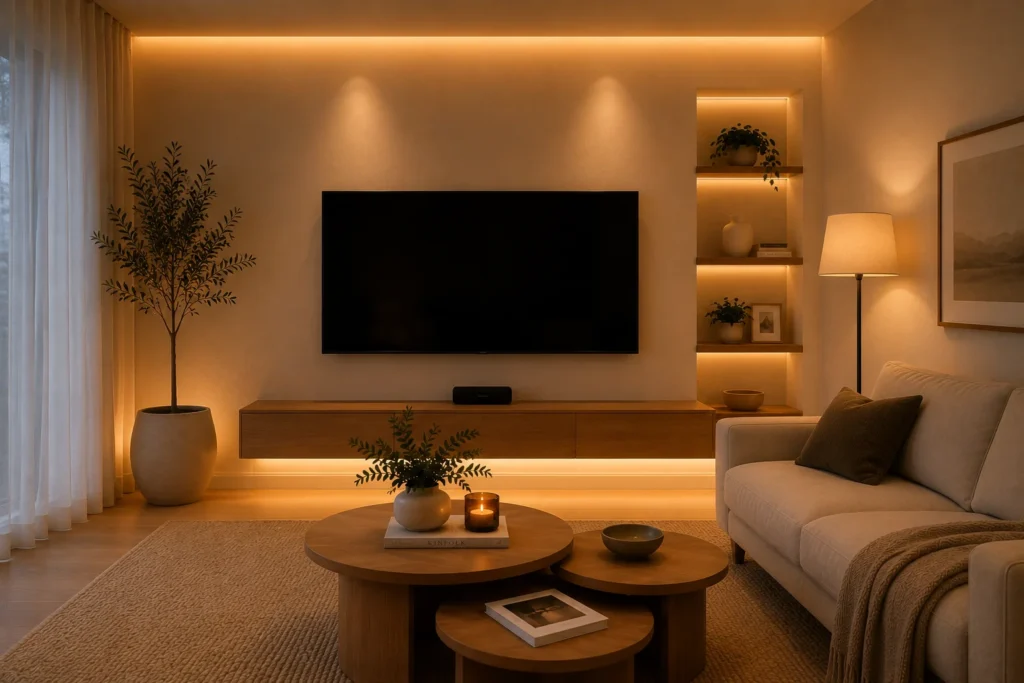 tech integrated small living room 2026 with smart lights and hidden cables