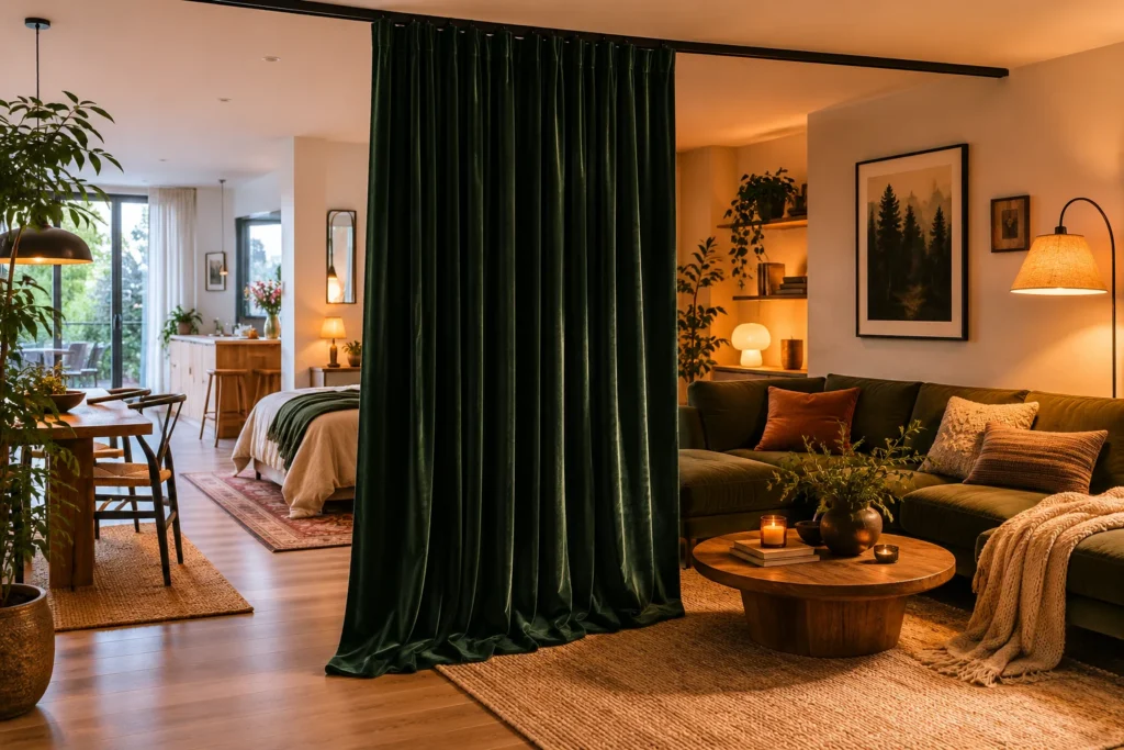 curtain room divider small living room open plan apartment idea 2026