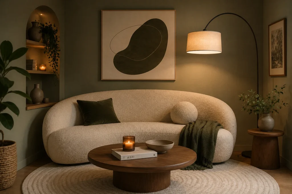 curved furniture small living room trend 2026 boucle loveseat rounded coffee table