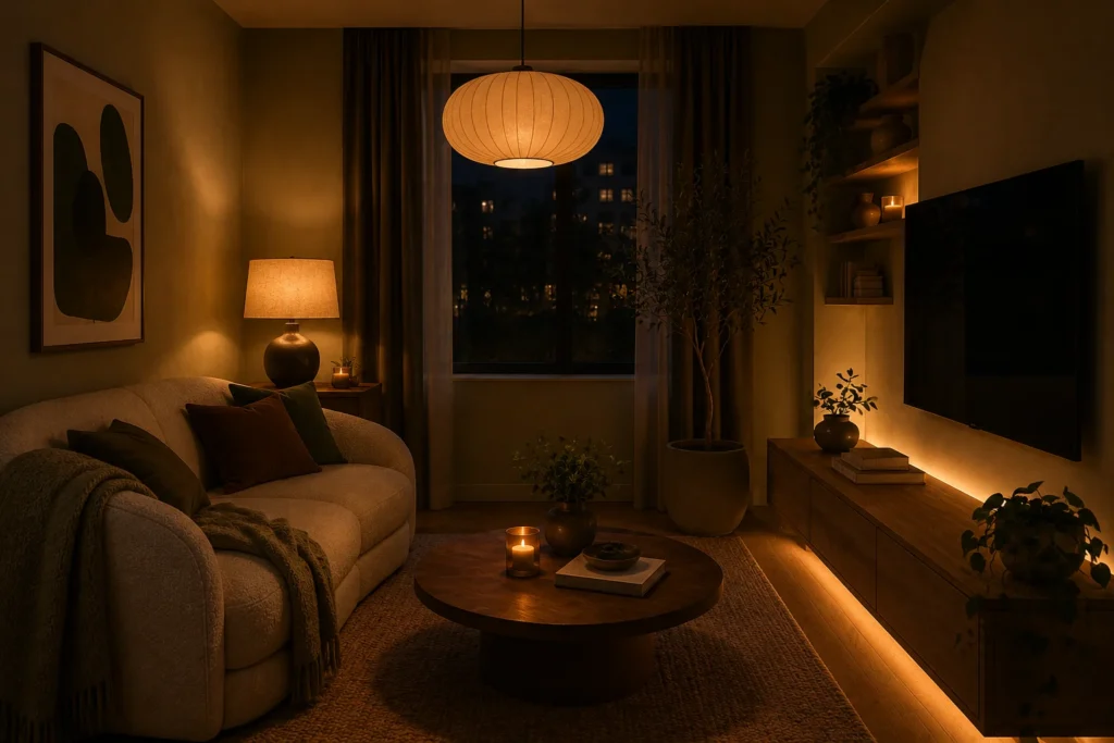 layered lighting small living room idea 2026 ambient task accent lights