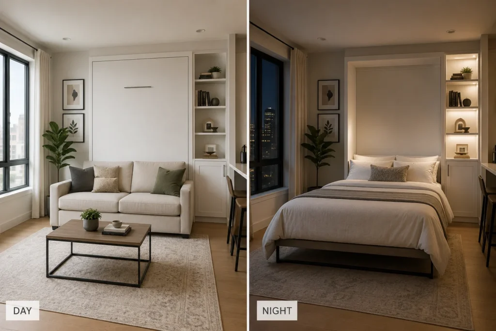 Murphy bed small living room studio apartment idea 2026 wall bed solution