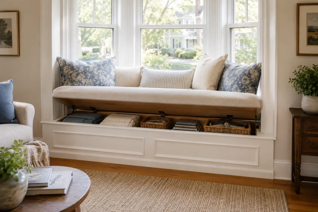 window seat storage small living room idea 2026 IKEA hack bay window nook