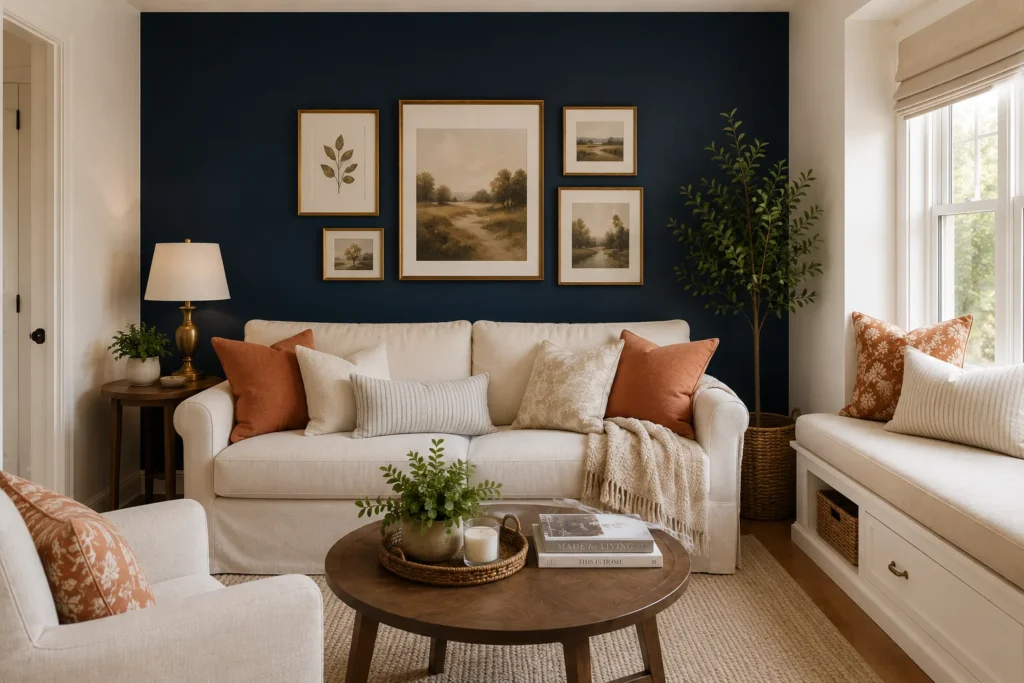 dark accent wall small living room idea 2026 navy wall behind sofa depth trick