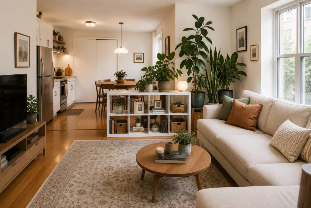 zoning small living room open plan without walls rug shelf plants 2026