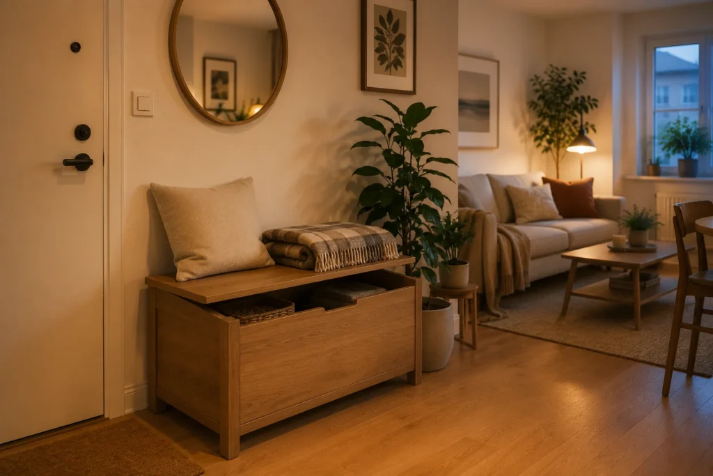 storage bench small living room entry multitasker idea 2026 Scandi style