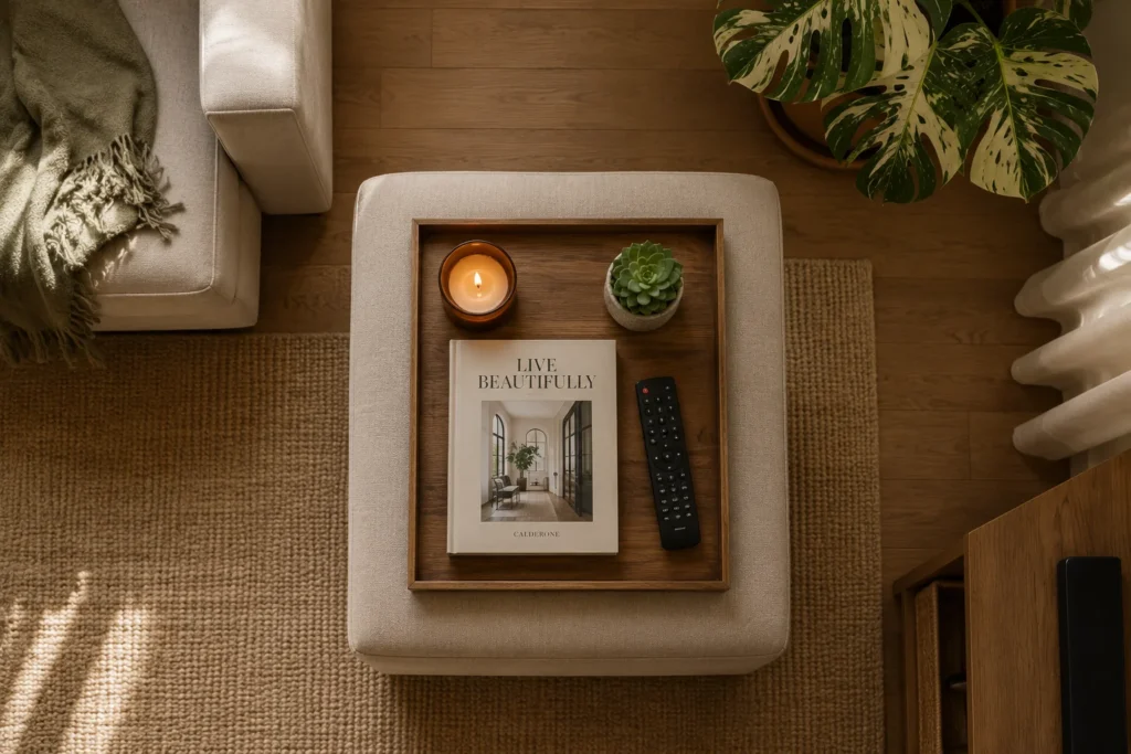 storage ottoman coffee table tray styling small living room 2026 organisation idea