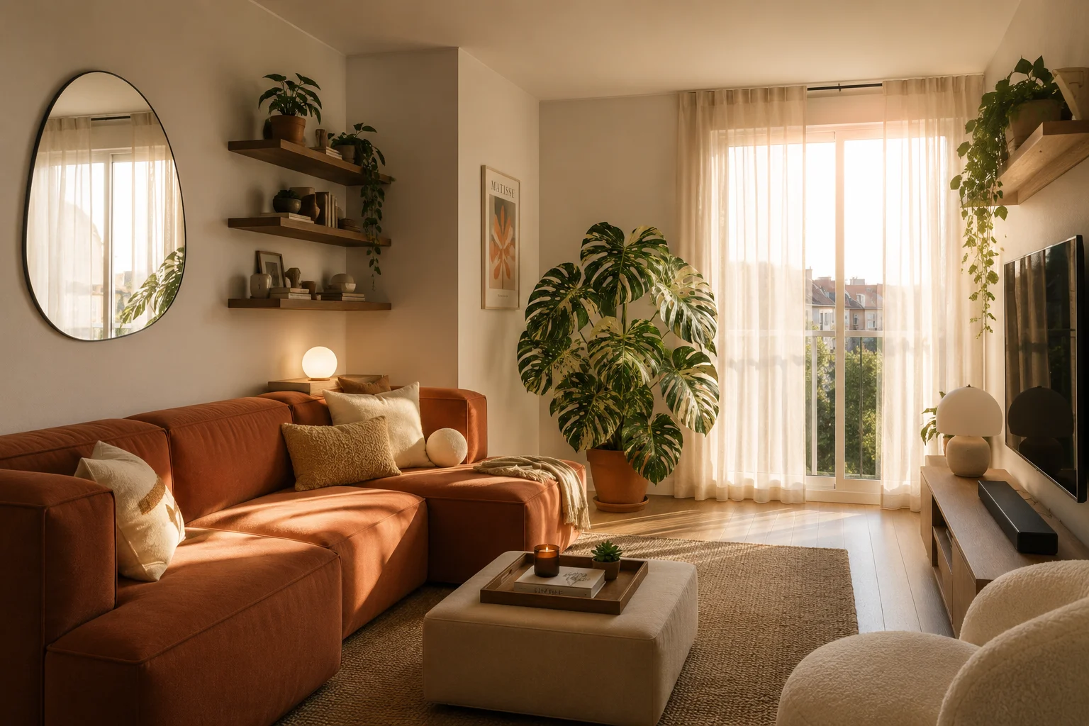 small living room ideas 2026 — bright modern apartment living room with modular sofa, floating shelves and indoor plants