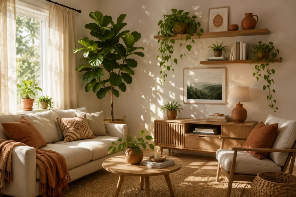 biophilic design small living room ideas 2026 with indoor plants and natural textures