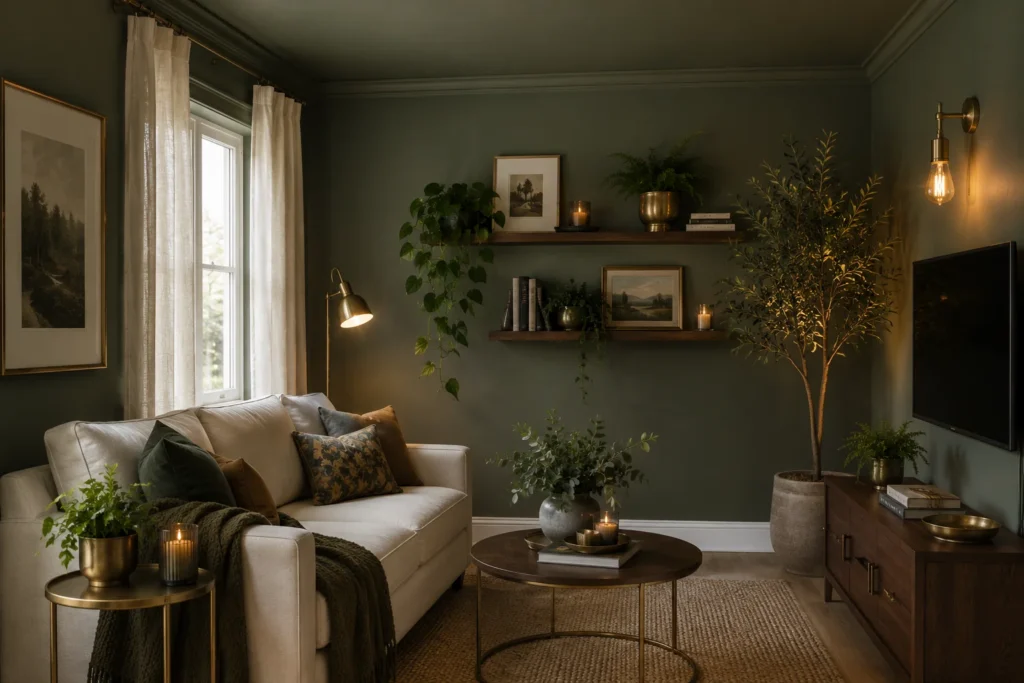 colour drenching small living room 2026 — sage green walls and ceiling for a spacious feel