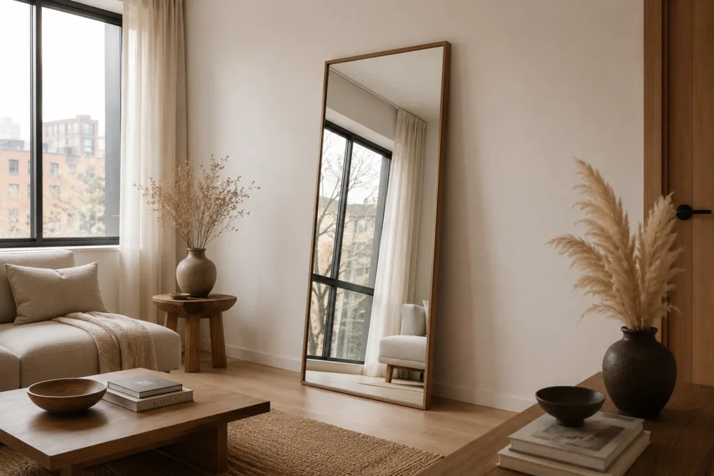 large leaning mirror small living room idea 2026 to make room feel bigger