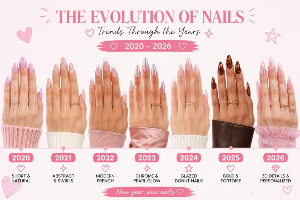 Summer nail trends timeline 2020 to 2026 evolution infographic