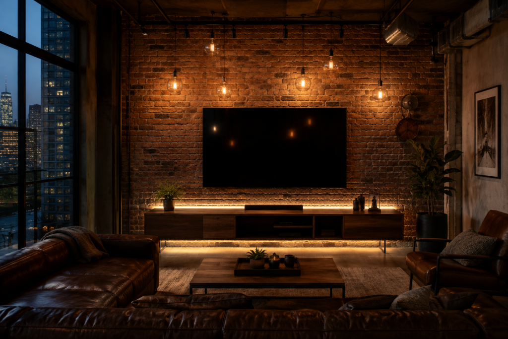  brick effect TV wall decor 2026 industrial living room