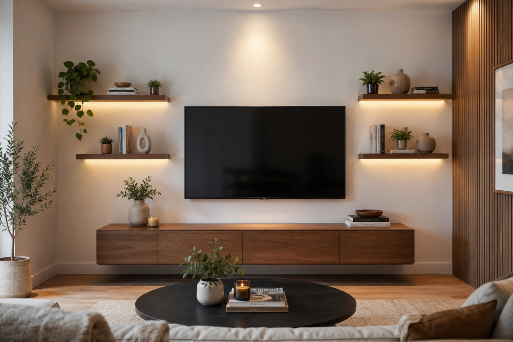 floating shelf gallery TV wall decor ideas 2026