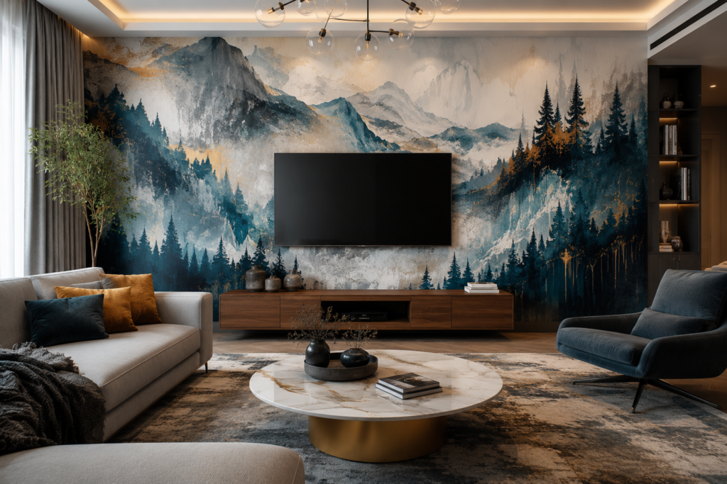 full wall mural TV wall decor ideas 2026 dramatic interior