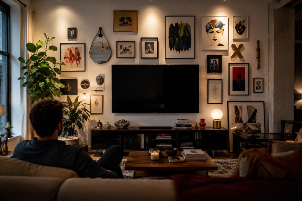  gallery wall around TV decor ideas 2026 eclectic living room