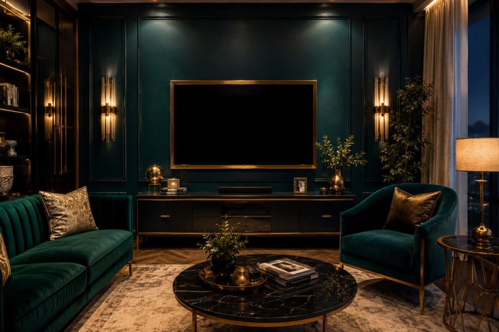  jewel toned TV feature wall decor 2026 luxury living room