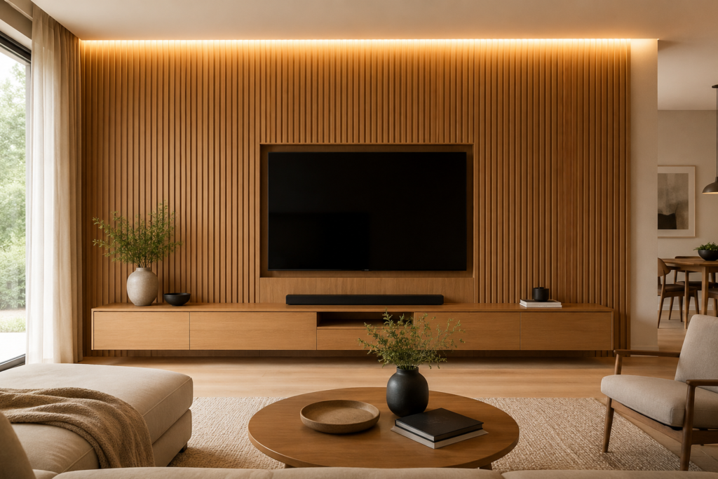 fluted wood panel TV wall decor 2026 Scandinavian modern